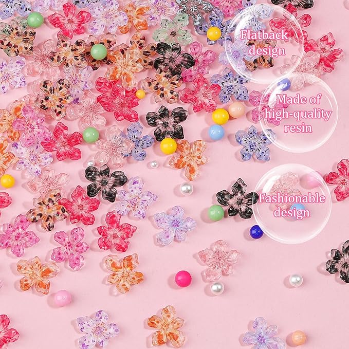 300Pcs Flower Nail Charms Kit, 100Pcs 3D Jelly Mini Hawaii Flowers Charms and 100Pcs Nail Pearls with 100Pcs Macaron Beads, Colorful Hibiscus Floral Tiny Gems Round Beads for Nails Design