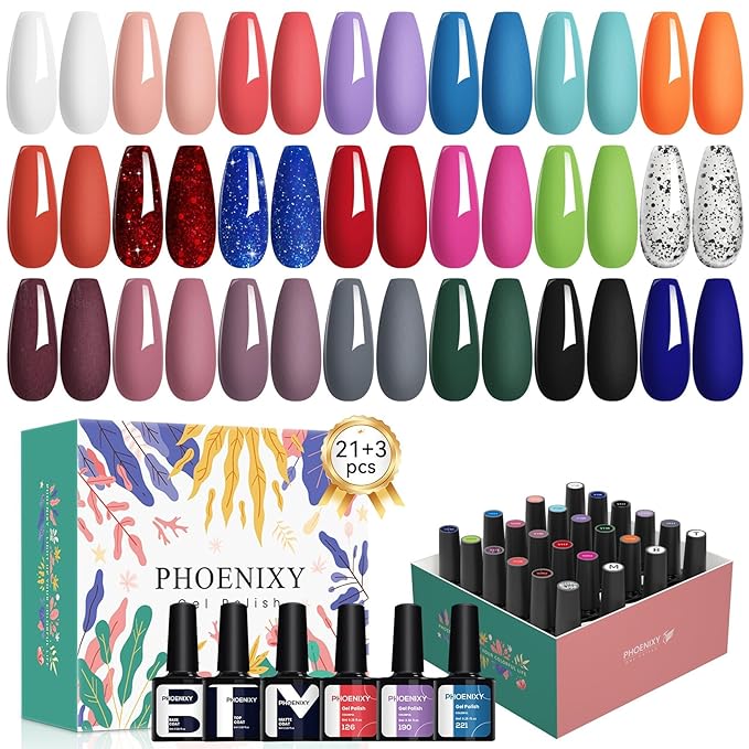 PHOENIXY 24 PCS Gel Nail Polish, Gel Nail Polish Kit with Base Glossy Matte Top Coat Brown Black Gray Red Starter Nail Set Gifts for Women