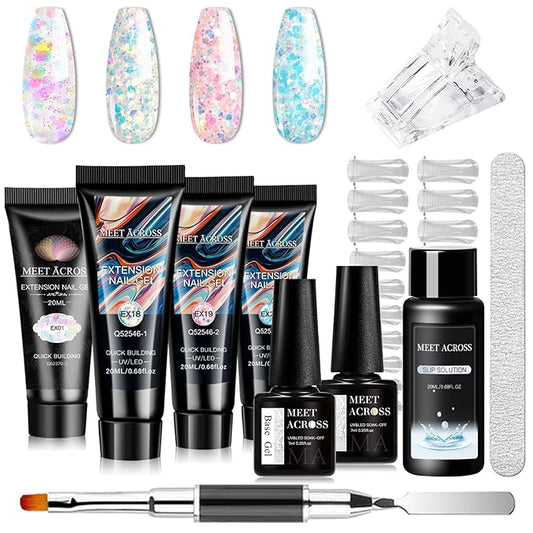 MEET ACROSS Poly Nail Gel 10Pcs Nail Extension Gel Set and Nail Extension Starter Kit for Beginners Nail Art DIY Home Gifts for Women (Candy Glitter, 12pcs)