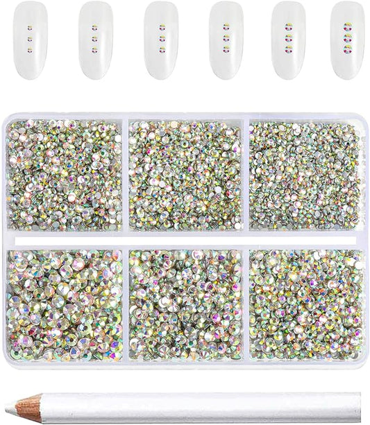 Beadsland 7200pcs Flatback Rhinestones,AB Crystal Rhinestone Nail Gems Round Crystal Rhinestones for Crafts,Mixed 6 Sizes with Wax Pencil Kit, SS3-SS10,Crystal AB