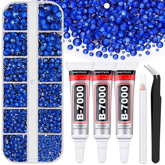 6000Pcs Resin Rhinestones for Bedazzling with 3Pcs B7000 Jewelry Glue, 1 Box Royal Blue Flatback Rhinestones for Crafting Crafts DIY, Crystals Gems for Clothing Shoes Tumblers Nail Art Makeup