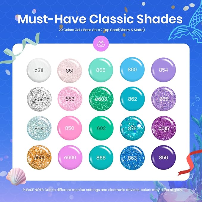 Beetles Purple Gel Nail Polish Set, 20 Colors Blue Green Pink Purple Shimmer Glitter Mermaid Gel Polish Kit with Base Top Coat Soak off Uv Nail Art Christmas Gifts for Women