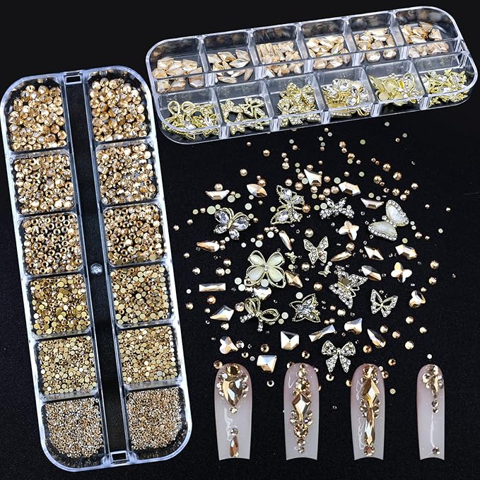 Nail Art Charms Rhinestones with Glue Gel Champagne Nail Rhinestones Supplies Accessories Gold Butterfly Multi Shape Crystal AB Rhinestone Nails Gems Jewelry for Women Nails Design