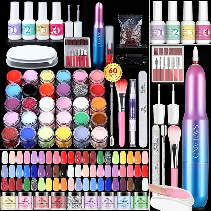 SAVILAND Dip Powder Nail Kit with Drill: Starter Kit 103 Pcs Keratin Dip Nails Powder Kit 30 Colors with Dipping Powder Liquid Set with Base Top Coat Activator for Beginners All Seasons Home DIY Salon