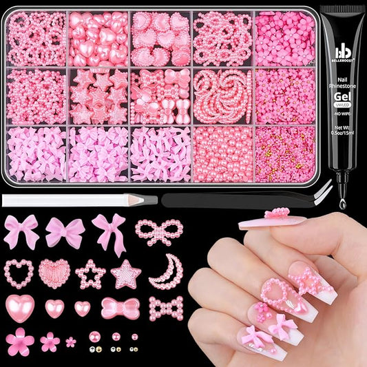 3D Nail Charms for Coquette Nails Design with Rhinestone Glue Set 4, Pink Nail Bow Charms + Pearl Heart Star Moon Bowknot Nail Jewels + 3D Flowers and Pearls, with Picker Tools for Nail Decor