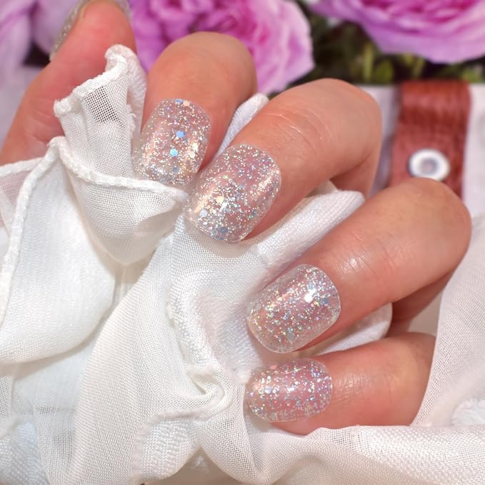 Semi Cured Gel Nail Strips Salon-Quality, Long Lasting Adhere Nail Art Stickers Decals (Glitter Sequins)