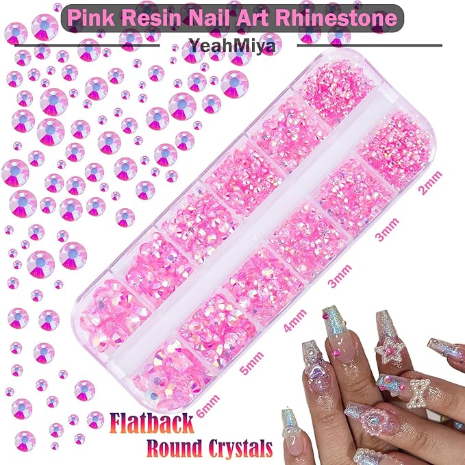 3D Nail Charms, Mixed Flower Bow Moon Heart Star Nail Art Charms Nail Art Charms, Half Round Pearl+Flatback Pink Gems+Gravel Diamond+Nail Studs, Nail Gems for Nail Art DIY Decoration with Pickup Tools