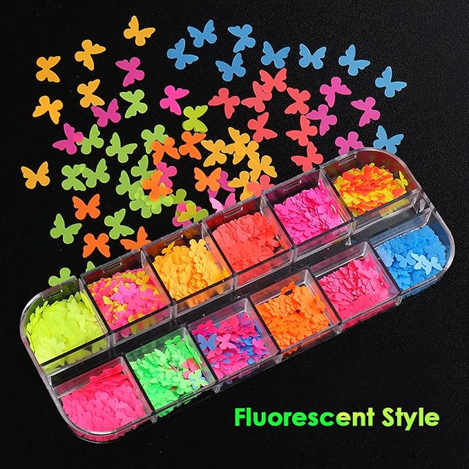 Luminous Butterfly Nail Art Sequins, 3D Butterflies Fluorescence Glitter Flakes-12 Colors Holographic Butterfly Shiny Design Decoration Colorful Confetti Sparkle Supplies Nails Art Accessories