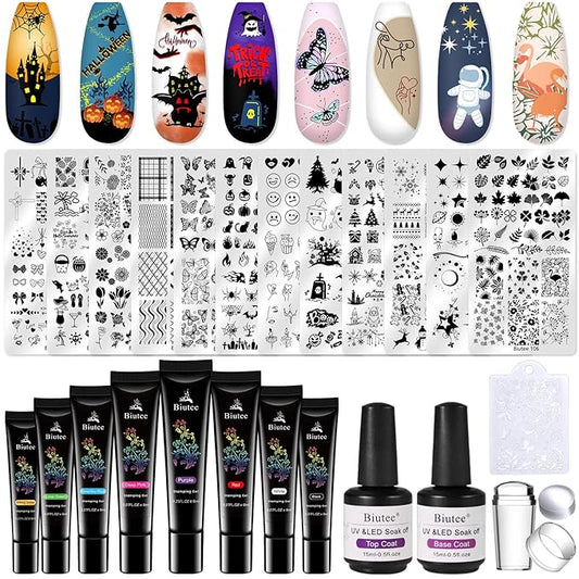 Biutee Nail Stamper Kit 12Pcs Nail Art Stamping Plate 8 Colors Stamp Polish Gel with Top Coat and Base Coat Set Silicone Stamper Scraper, Nail Stamp Plates Love Flower Butterfly Leaf Halloween Design