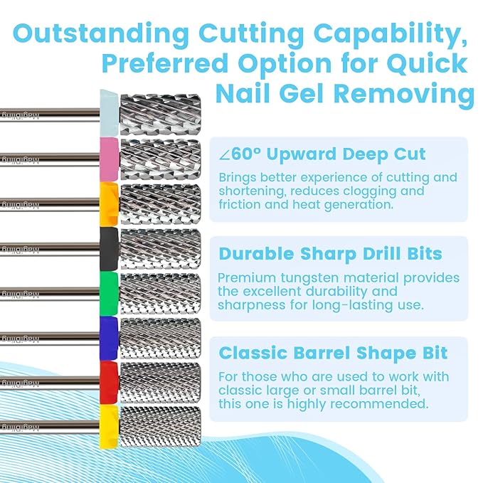 Super Cut Large Barrel Nail Drill Bits for Professional Users, 3/32'' Tungsten Carbide Bits, Upward Deep Cut, Remove Hard Gel Fast, Right Hand Use, Manicure Cuticle Gel Polishing, Quadruple Coarse.