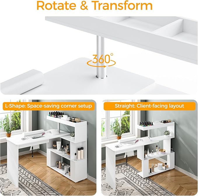 Manicure Table, L-Shaped Nail Tech Desk with Dust Collector, Reversible Rotating Table & Storage Shelf, Acetone Resistant Beauty Salon Station, White