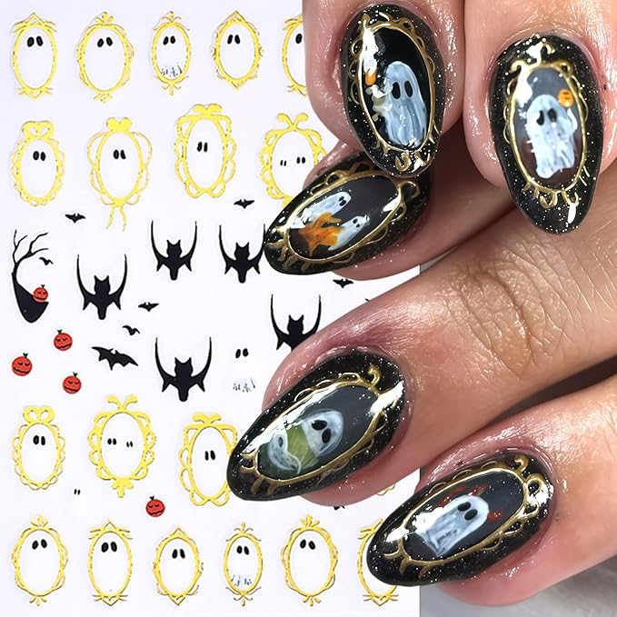 8 Sheets Halloween Nail Art Stickers Cute Ghosts Nail Decals Spooky Black Cat Flower Mirror Ghost Spider Web Design Pumpkin Bat Spider Nails Supplies Flower Ghost Nail Decor for Women DIY Manicure