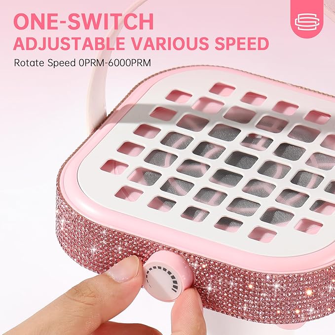 Nail Dust Collector, Bling Crystal Diamond Compact 6000RPM Powerful Vacuum Fan Vent Dust Collector Extractor Dust Suction Machine for Acrylic Nails Polishing, Fast Charging