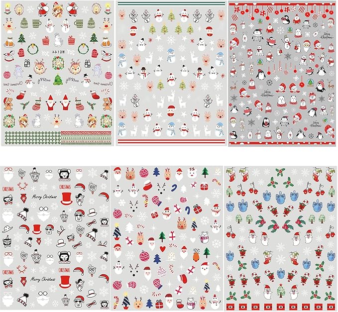 HNUIX Nail Stickers - 3D Christmas, Self Adhesive Nail Decals, Multi Colour Pattern, 10 Sheets, for Nail Art