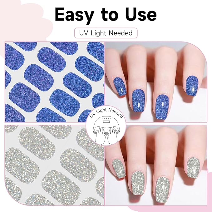 Semi Cured Gel Nail Strips 2 Set, (Glitter Silver/Blue) 56 Pcs Gel Nail Wraps,Stickers Works with Any UV/LED Lamps,Long Lasting,Salon-Quality, Easy to Apply