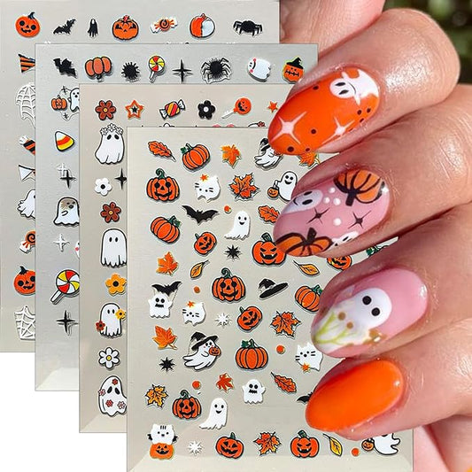 4Pcs Halloween Nail Art Stickers 3D Self Adhesive Cute Spider Ghost Nails Decals Bat Spider Web Maple Leaf Pumpkin Design Fall Nail Stickers Holiday Nails Supplies for Women Halloween Manicure Decor