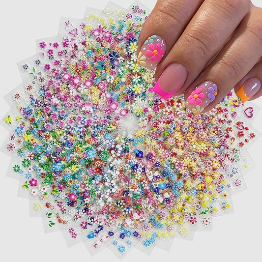 30 Sheets Flower Nail Art Stickers Decals Floral Rose Daisy Cherry Blossoms 3D Self-Adhesive Nail Sticker Spring Summer Colorful Flower Nail Art Decoration Supplies for Women Manicure DIY Accessories