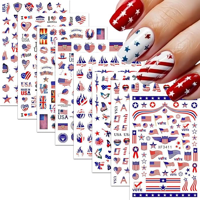 8 Sheets Independence Day Nail Stickers Blue Red Nail Decals Flag Love with Design Nail Decals for Nail Art 3D Self-Adhesive Nail Decoration for Women 4th of July Acrylic Nails Supplies