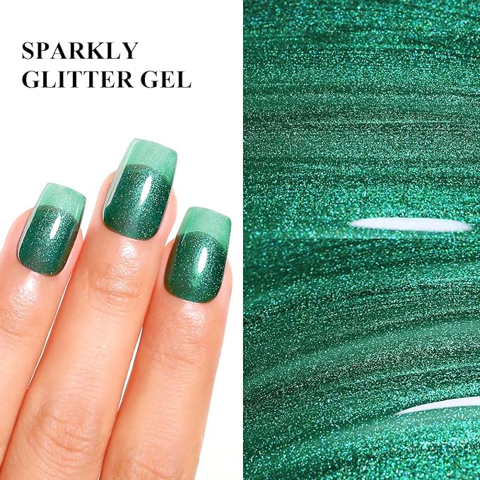 Imtiti Glitter Gel Nail Polish, 15ML Christmas Green Iridescent Glitter Gel Polish Soak Off LED UV Diamond Shimmer Sparkle Nail Gel Polish Fall Winter Manicure Gel Nail Polish Kit