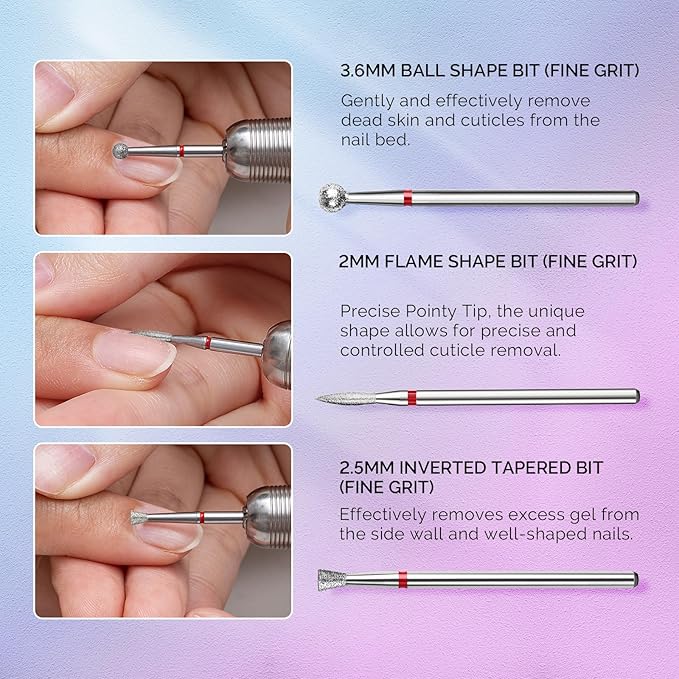MelodySusie 3Pcs Cuticle Cleaner Nail Drill Bits Set, 3/32'' Safety Carbide Diamond Bits, Ball, Flame and Inverted Tapered Bits, Suitable for Cuticle Dead Skin Nail Prepare, Silver