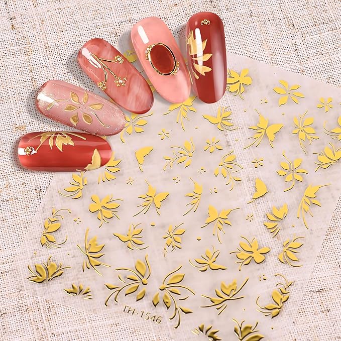 Gold Flower Nail Stickers for Nail Art, Nail Stickers Decals 3D Self Adhesive Floral Nails Sticker for Women Nails Art Sticker Decoration