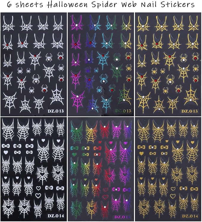 6 Sheets Halloween Nail Art Stickers Decals 3D Self-Adhesive Spider Nail Decals with Rhinestones Designs White Gold Rainbow Bow Spider Web Nails Decorations Holiday Nails Art Supplies for Women Girls