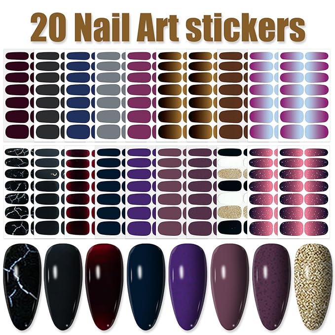 WOKOTO 20 Sheets Dark Color Nail Polish Strips for Women Girls Solid and Gradient Designs Nail Polish Stickers with Nail File Kit Black Blue Purple Stick On Nails Stickers Full Nail Wraps Strips