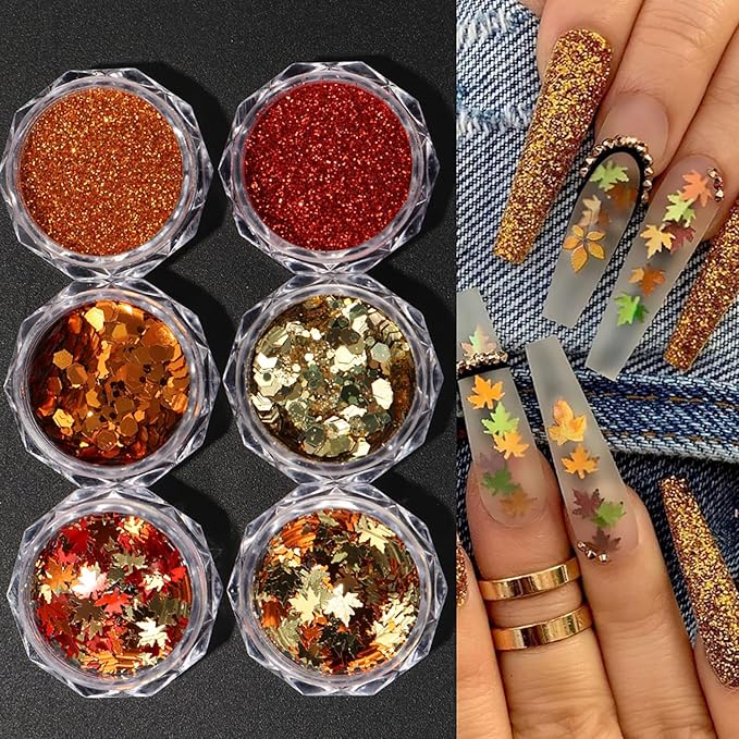 Thanksgiving Fall 3D Maple Leaf Nail Art Glitter Sequins, Mixed Red & Orange Nail Glitter Powder Polygons Sequins Fall Nail Decals for for Women Nail Decorations Supplies DIY Manicure Accessories