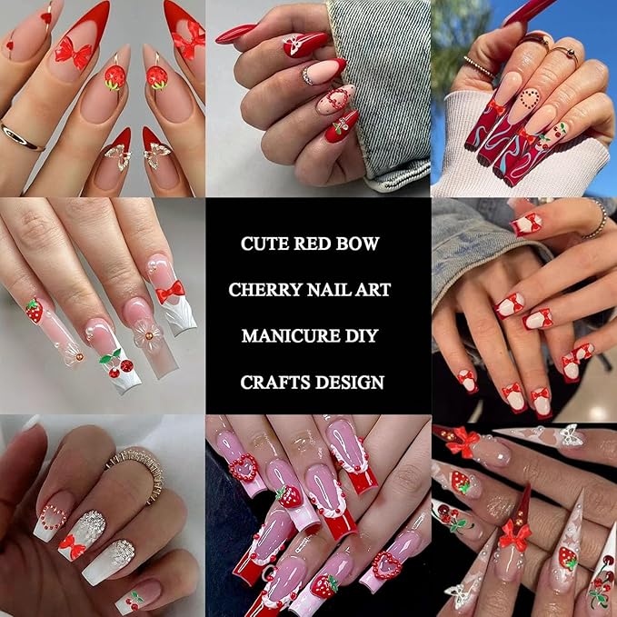 3D Red Bow Nail Charms, Flatback Pearl Charms Resin Strawberry Nails Bows Fruit Charms for Nails, Alloy Cherry Butterfly Nail Art Jewels for Women DIY Accessories