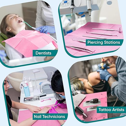 Amira Beauty Disposable Dental Bibs 13" x 18" – 3-Ply, Soft, Tear-Resistant, Waterproof Bibs for Dental, Nail, and Salon Professionals, Tattoo Napkins for Piercing, Pink, Pack of 50
