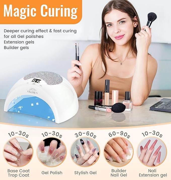UV LED Nail Dryer with AB Rhinestones - Rechargeable, Touch Screen, 3 Timer Settings, Quick Cure for Gel Polish, Portable for Salon & DIY