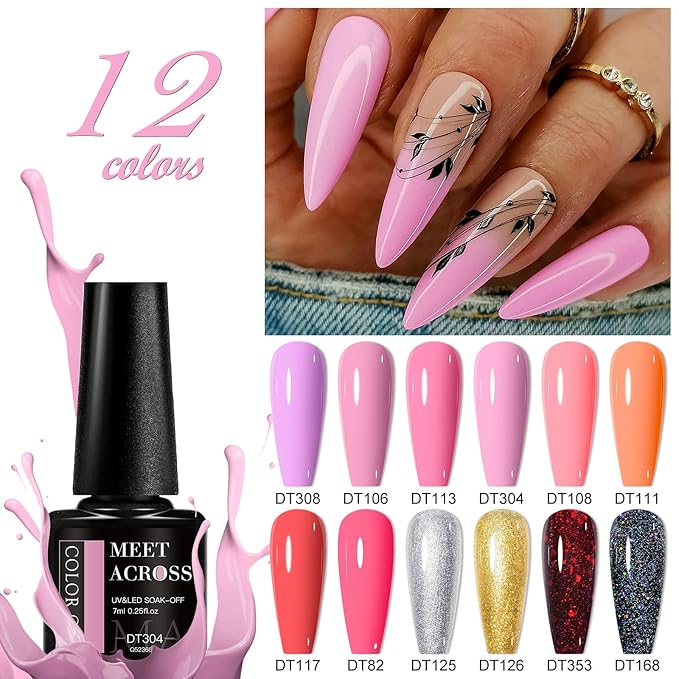 MEET ACROSS 12PCS Gel Nail Polish Set, 12 Colors Gel Nail Kit Art Design Soak Off UV LED,Nail Art Design Gifts for Women (SET-5, 12PCS)