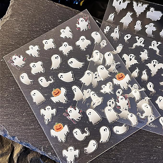 Halloween Ghost Nail Stickers for Nail Art 3D Self-Adhesive Halloween Nail Decals with Cute Ghost Design Spooky Nail Decals Holiday Style DIY Salon Manicure Supplies Sticker for Women