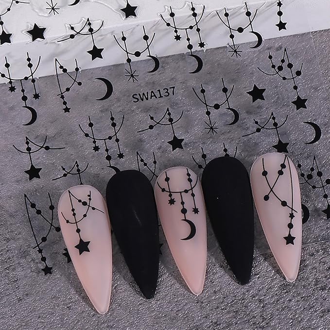 Star Nail Stickers for Nail Art 3D Self-Adhesive Moon Nail Decals Black Silver Star Nail Art Stickers for Women 6 Sheets