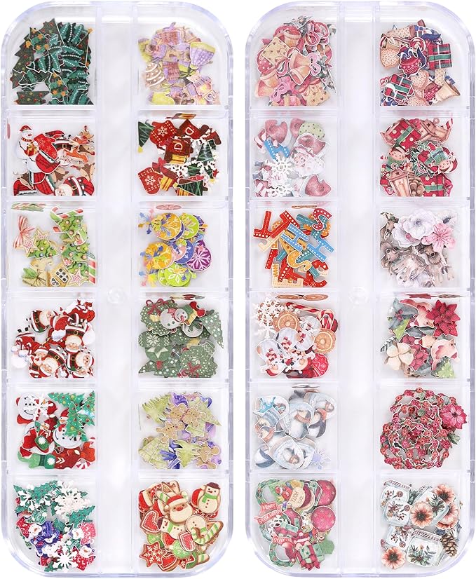 600Pcs 2 Boxes Christmas Nail Art Sequins Sticker, 3D Santa Claus Snowflake Elk Decals for Acrylic Nails, Christmas Tree Wood Pulp Glitter Flakes for Winter Nail Art Decorations 5
