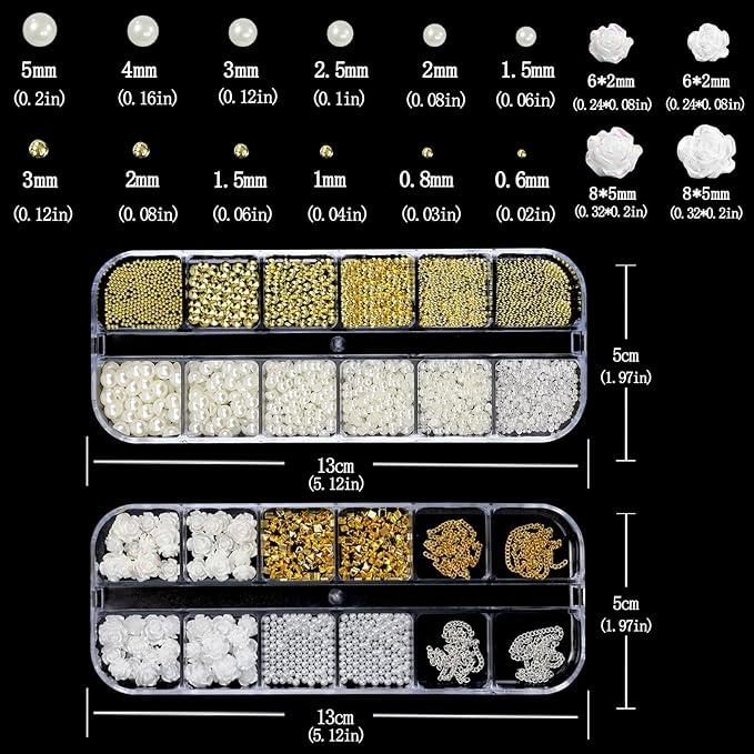 Nail Art Charms with Rhinestones Glue Gel White Flatback Pearls Luxurious Nail Charms Supplies Accessories Gold Silver Chains Nails Gems Jewelry Pearls for Women Nails Design