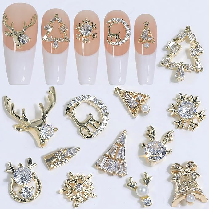 HNUIX Gold Nail Charms - Multi Shape, Zircon Jewelry, Christmas, Gems Rhinestones Charms, Metal Base, for Nail Art