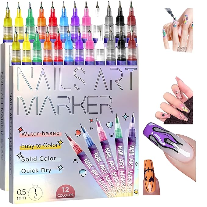 12 Color Nail Art Markers for Gel Nails,Nail Art Pens Set DIY Nail Art Marker 3D Nail Polish Pens, Quick Dry Dotting Point Liner Pens for DIY Nail Art Drawing Painting Tools (24 Colors)