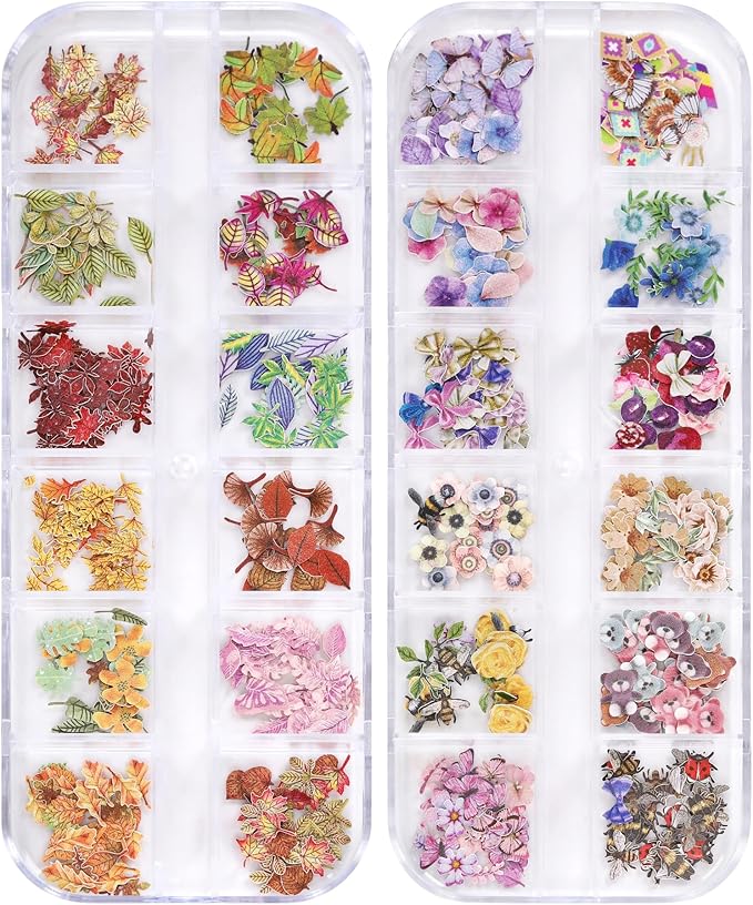 600Pcs 3D Mixed Colorful Flower Nail Art Charms Sequins Decals Colorful Mixed Leaves Daisy Design Slice Nail Flowers Ultra Wood Pulp Flakes Sequins 3
