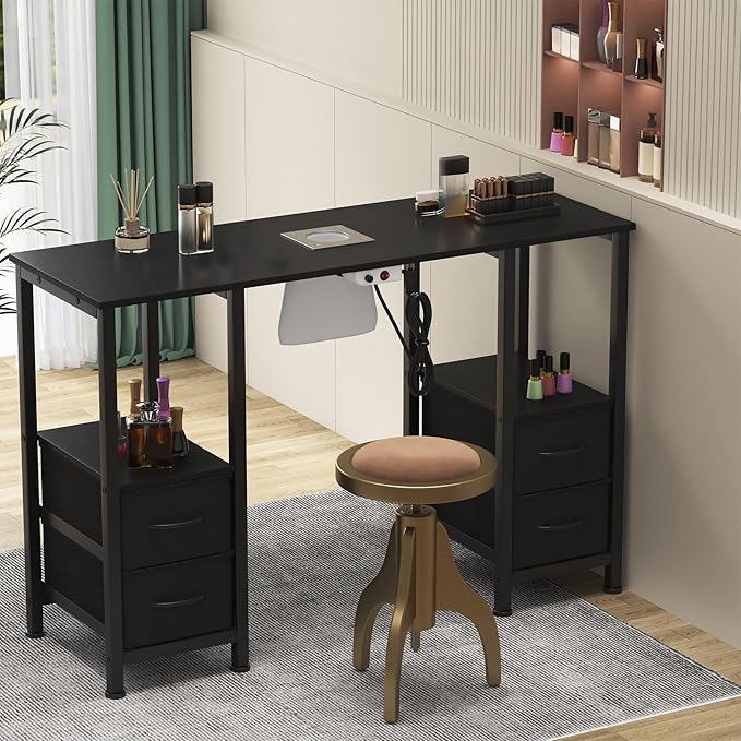 Manicure Table for Nail Tech, Nail Tech Table Station w/4 Storage Drawers & 2 Open Shelves, Nail Table w/Dust Collector for Beauty Salon Tech Station (Black PU)