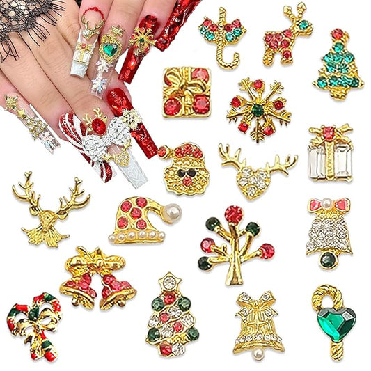 17Pcs Christmas Nail Charms Gold 3D Alloy Reindeer Snowflake Santa Claus Nail Art Charms Shiny Red Green Nail Rhinestones Bling Winter Nail Gems Xmas Gift Nail Supplies for Women Luxury Crystal DIY
