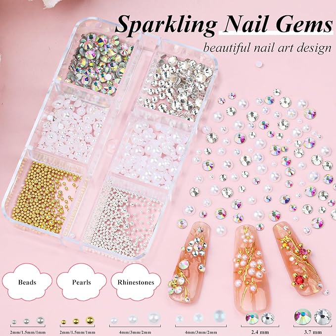 4 Boxes 3D Flower Nail Charms and Gems - Rose Nail Flower Charms Crystal AB Clear Gemstones Silver/Gold Caviar Beads White/AB Pearls for Women DIY Manicure Crafts (19-S4-Rose)