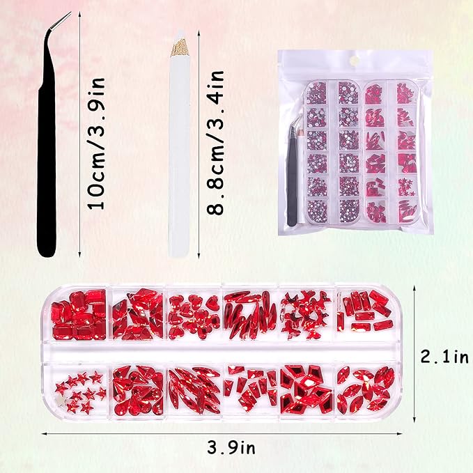 3120Pcs Crystal Red Nail Rhinestones,HOINCO Rhinestones for Nails,Nail Gems and Rhinestones Gems Multi Shapes Nail Charms for Nails Nail Crystal Beads Jewel for DIY Nail Art with Tweezers and Pen