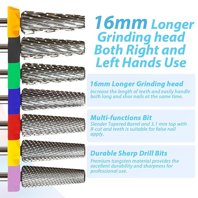 16mm 5 in 1 Tapered Barrel Nail Drill Bits, 3/32'' Safety Tungsten Carbide Bits, Right & Left Rotation, Manicure Cuticle Gel Acrylic Removal Polishing, Technicians Bits, Extra Coarse.