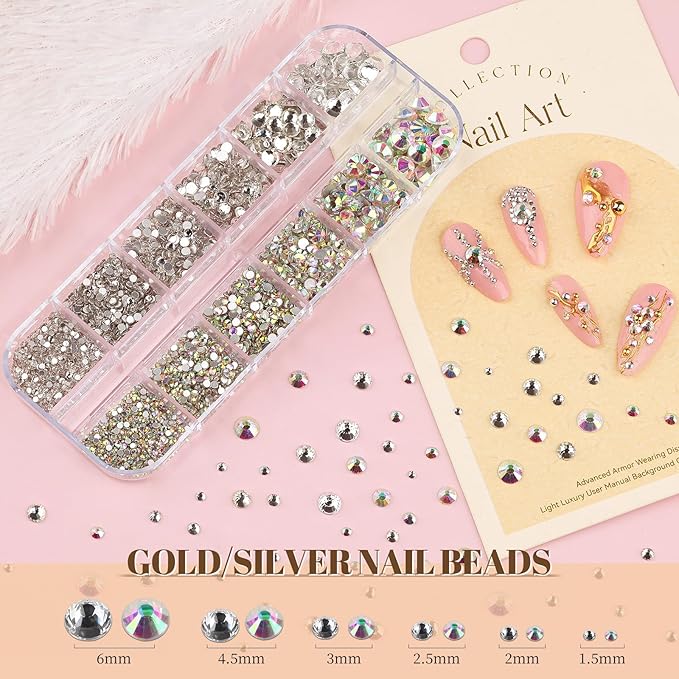 3 Boxes Sparkling Rhinestones and Pearls Kit for Acrylic Nails, 1-3mm Colorful Rhinestones & 1.5-6mm AB/Clear Gemstones & 1.5-5mm Silver/Gold Pearls for Women DIY Manicure Crafts (16-S3-Resin)
