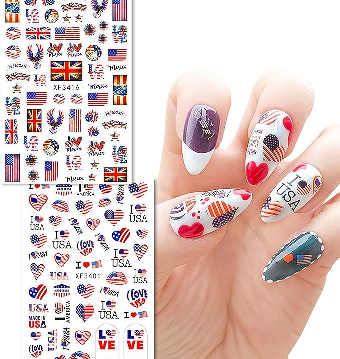 Patriotic 4th of July Nail Art Decals - 8 Sheets 3D Self-Adhesive Nail Stickers for Women