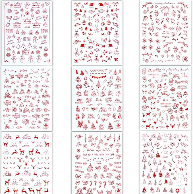 HNUIX Nail Stickers - 3D Christmas, Self Adhesive Nail Decals, Multi Pattern, Red, 9 Sheets, for Nail Art