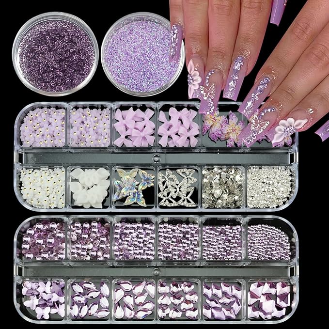 4 Boxes Purple Nail Gems Bow Flower Nail Charms for Acrylics - Irregular Crystals, Nails Rhinestone & Accessories for Women Nails Art Design Nails Decor(Purple)