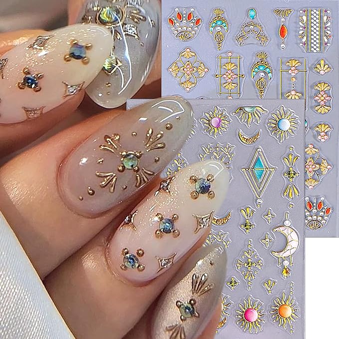 2 Sheets Bohemian Style 5D Embossed Nail Stickers for Nail Art Self-Adhesive Star Moon Sun Nail Decals Colorful Glitter Gems Nail Design Stickers Bohemia Nails Art Supplies for Women Manicure Tips