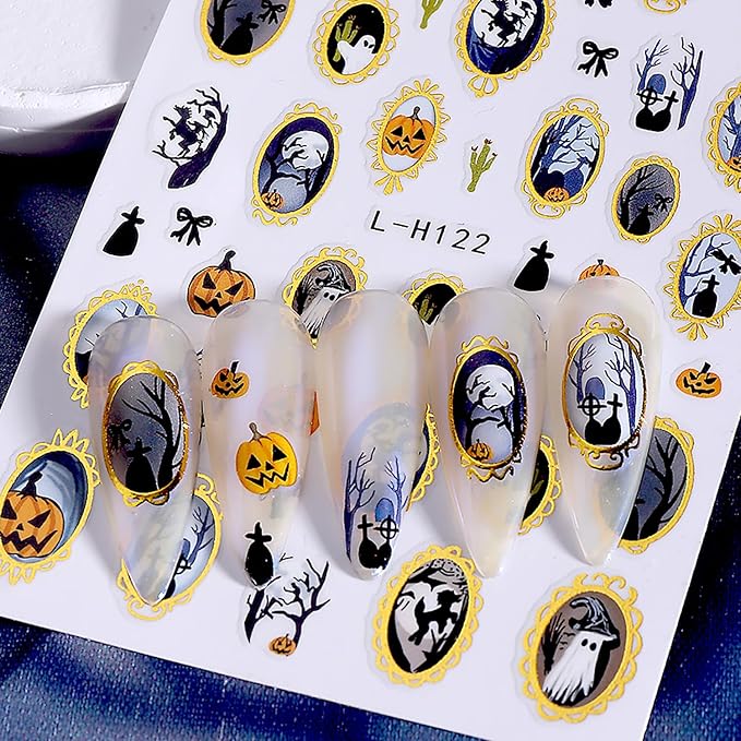 6 Pcs Halloween Nail Art Stickers Funny Ghost Nail Stickers Flower Bat and Spider Web Design Nail Decals Cute Pumpkin Nail Sticker Decorations for Women Manicure